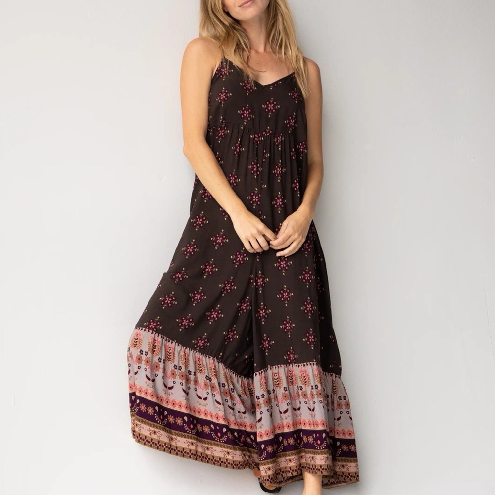 NATURAL LIFE Dark Gray and Pink Bohemien Spaghetti Strap Jumpsuit